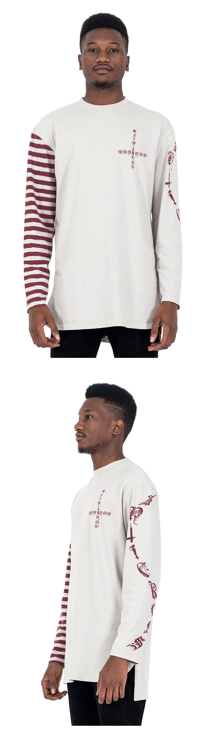 HALF STRIPE LONG SLEEVE T - ECRU/BURGUNDY