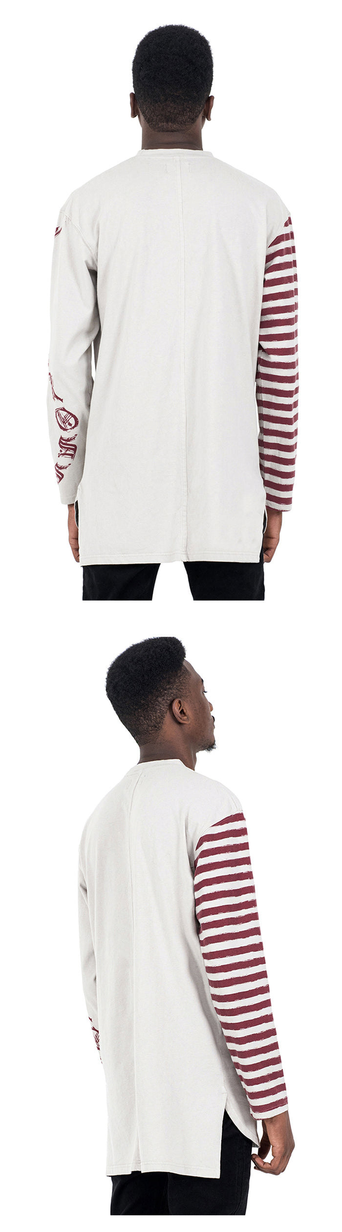 HALF STRIPE LONG SLEEVE T - ECRU/BURGUNDY