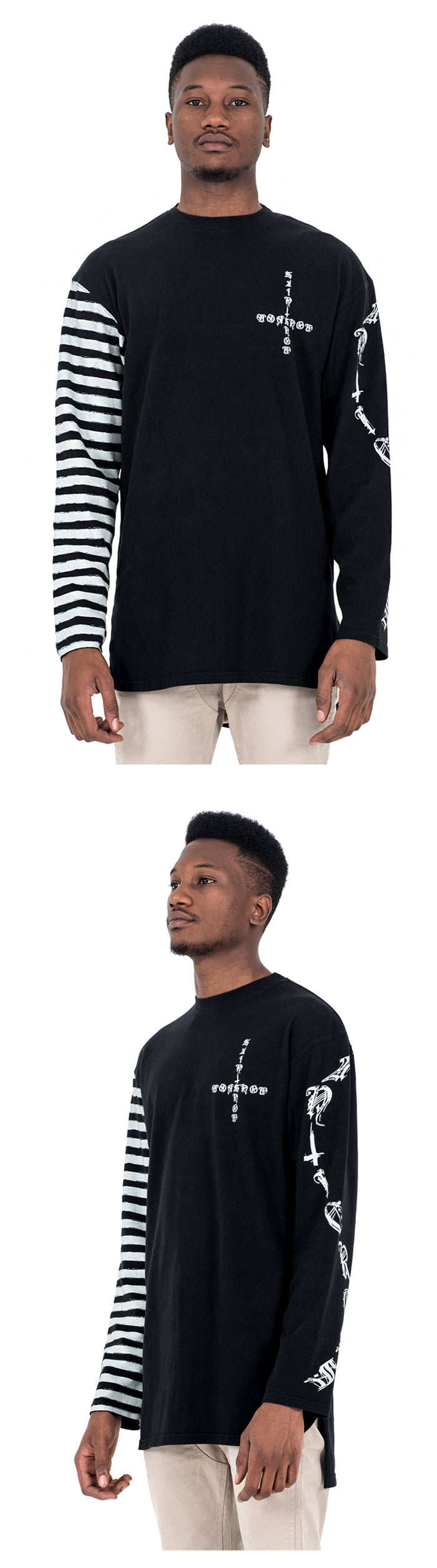 HALF STRIPE LONG SLEEVE T - BLACK/GRAY