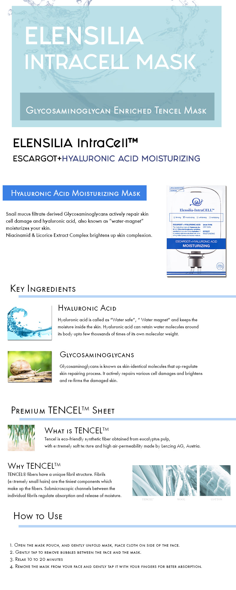 Elensilia IntraCELL Escargot + Hyaluronic Acid Moisturizing - 1 Sheet