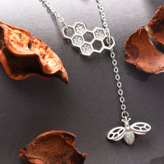 CZ Honeycomb Necklace with Bee Necklace Charm Silver Pendant Necklace