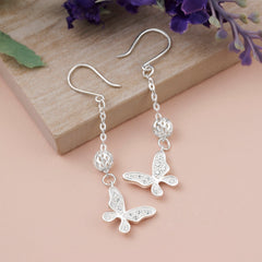 Dazzling CZ Butterfly Silver Dangle Earrings Drop Earrings