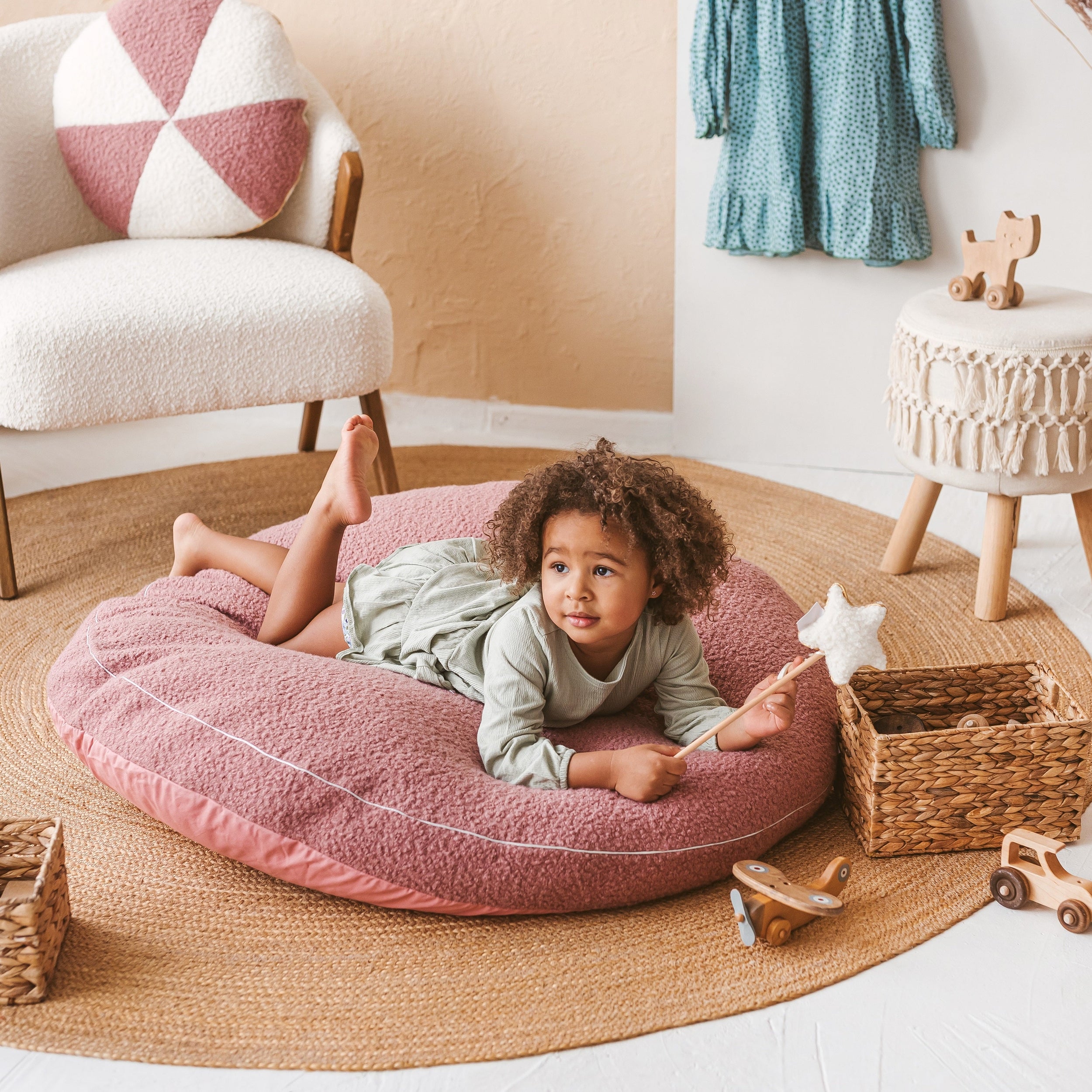 MINICAMP Large Floor Cushions for Kids - Ultra-Fluffy & Washable Children  Bean Bag Chair with Filler and Boucle Sherpa Cover - 40” Wide - Cute  Lounger