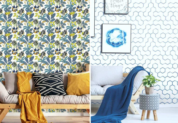 two different living room settings, each with a distinct wallpaper design and coordinated decor