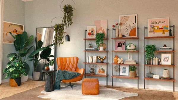 a cozy and stylish living room corner with a vibrant orange chair, various houseplants, and decorative items on wooden shelves