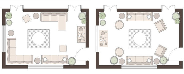 Plan Drawing of two living room layouts for entertaining