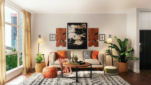 cozy and artistic corner of a room adorned with various plants, artwork, and decorative items displayed on shelves and a table