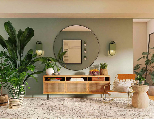 stylish living room with modern furniture, decorative plants, and elegant lighting