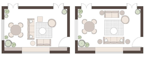 Layout plan drawings of a living room with both couch area and a dining area