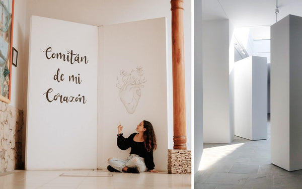 Two images showing temporary partition walls. A girl sitting in front of her art work.