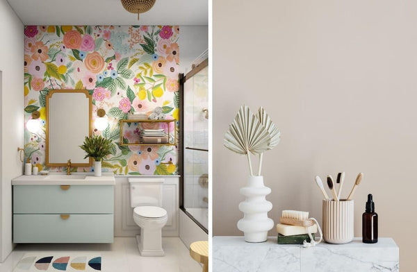 Soothing colors and decor in two bathrooms