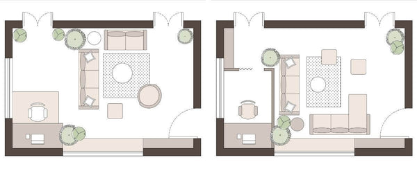 two plan drawings of a living room layout for working and living