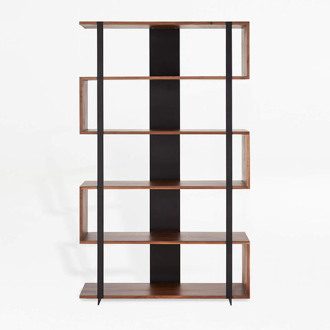 modern walnut bookshelf room divider against white background