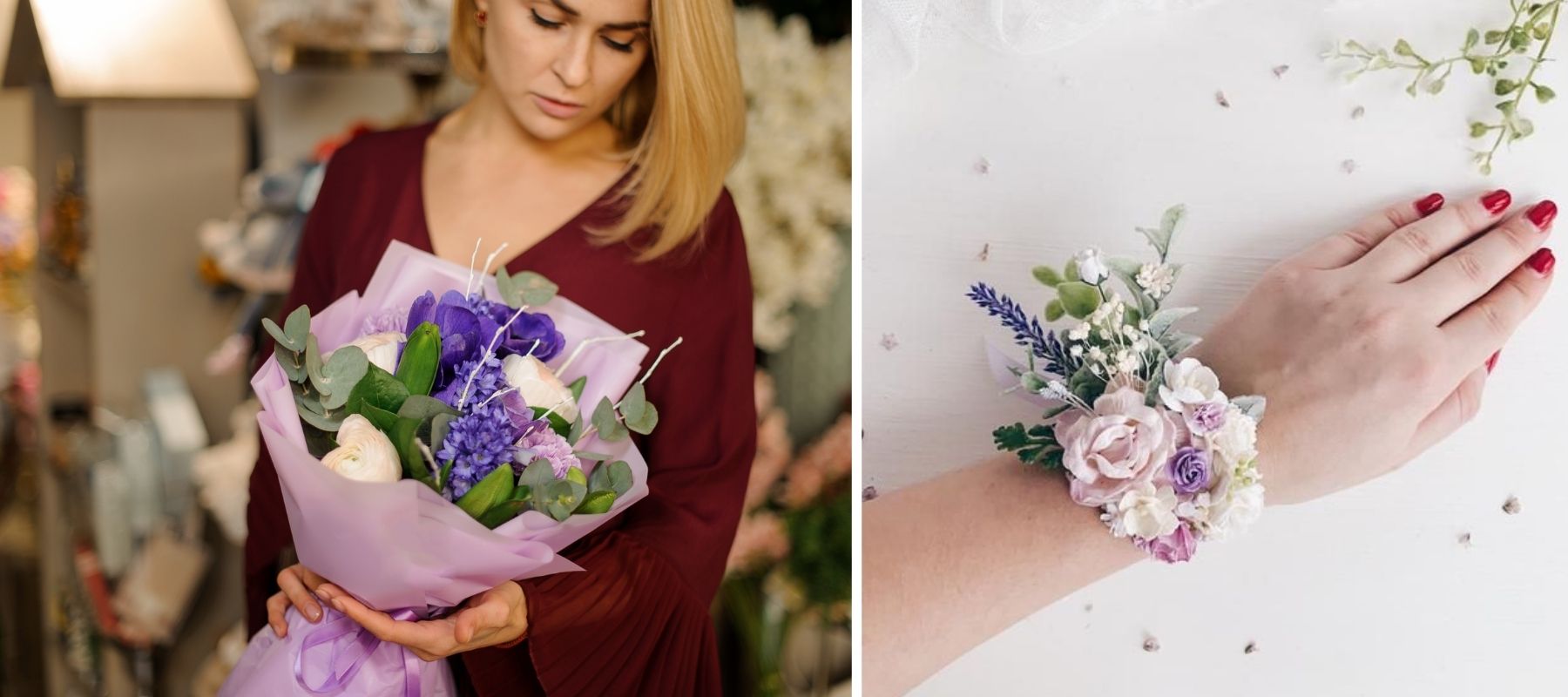 bouquet bracelet fleuri mauve lilas