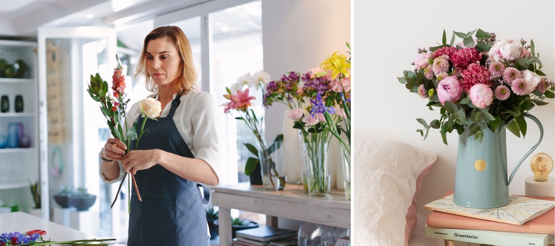 femme faisant un bouquet de fleurs