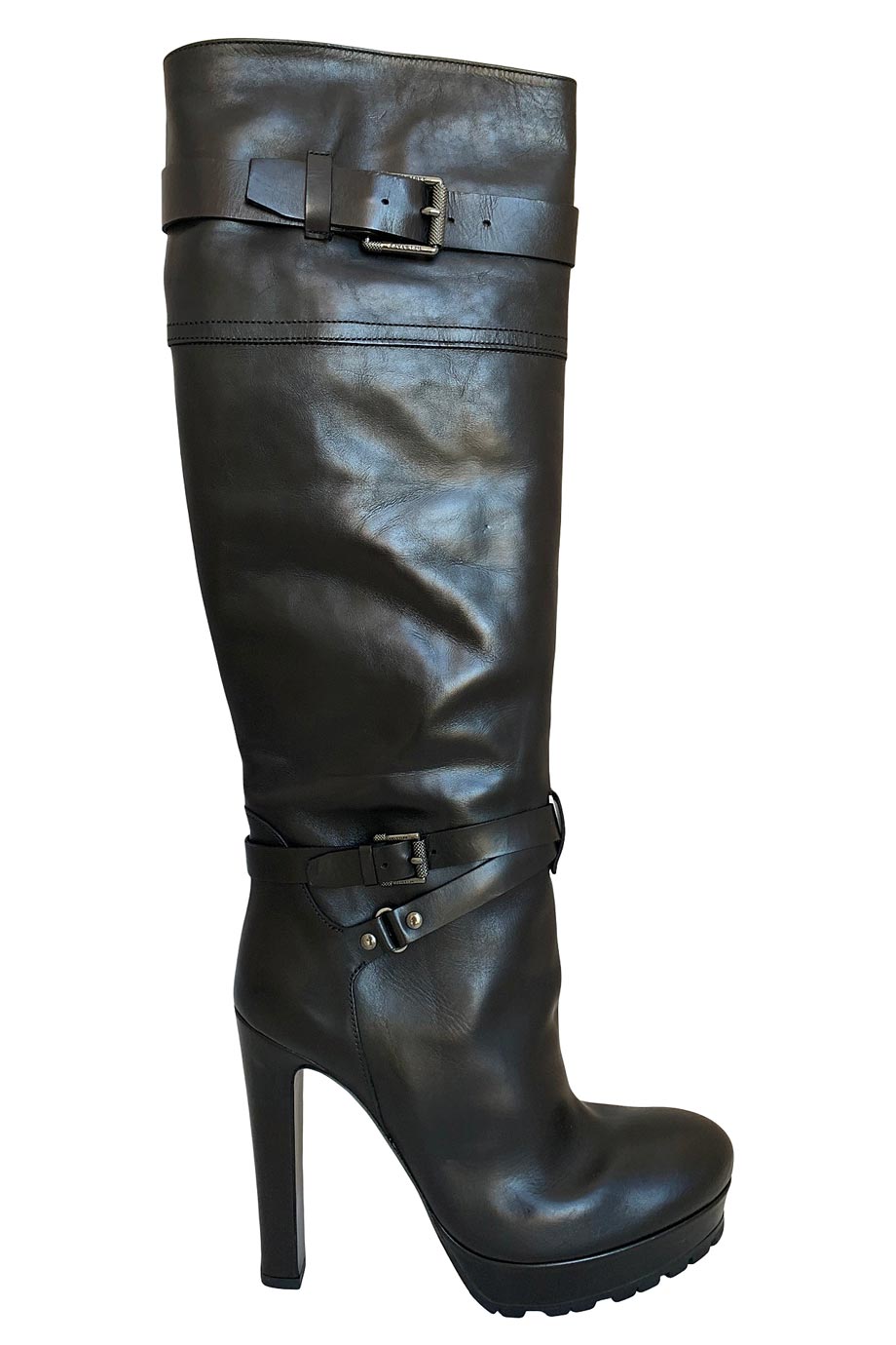 black leather platform knee high boots