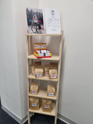 Display stand with DrDazz Coffee and fudge on location at Danny Met Sally in Pirie Street Adelaide