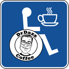A blue Disabled Parking symbol with DrDazz Coffee round logo as the wheelchair in the symbol, plus a coffee cup symbol in the right hand corner. 