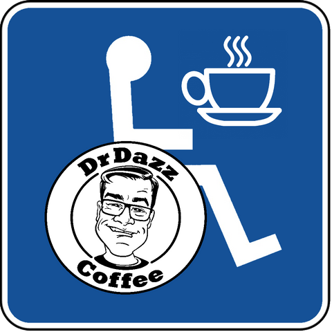 Modified international disability symbol with DrDazz logo as the wheel and coffee cup in front of head