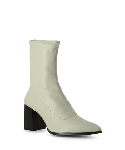 Bone leather sock boots with heel zip fastening and featuring a block heel, stitch detail upper, central seam and a pointed toe by Siren.