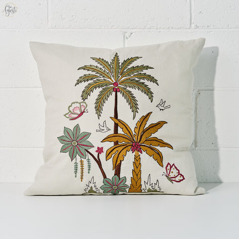Coconut & palm trees embroidered beautifully on this white linen fabric to make a gorgeous cushion cover - Agasti
