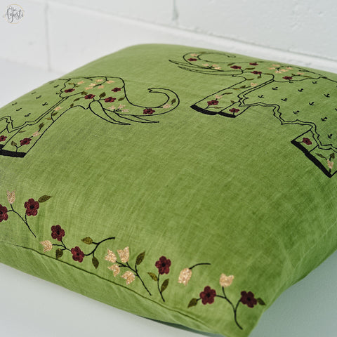 Beautiful Elephants embroidered on a green linen fabric to make a gorgeous cushion cover - Agasti