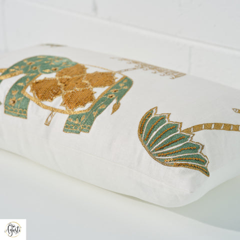 Elephants & umbrellas beautifully embroidered on a white linen fabric. Cushion cover. Agasti