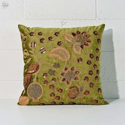 Luxurious green velvet embroidered cushion cover. Decorated with glistening sequins and silk threads - Agasti