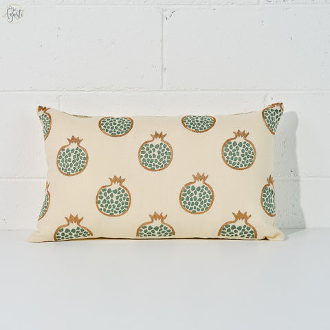 Pomegranate embroidered cushion cover. White linen fabric. Agasti