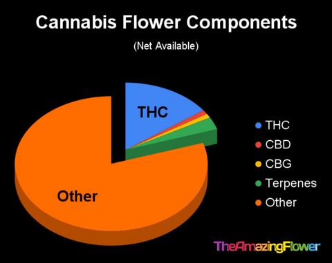 Pie chart showing the major ingredients in cannabis flower. "Other" makes up over 70%. THC, CBD, CBG, Terpenes make up 30% combined.