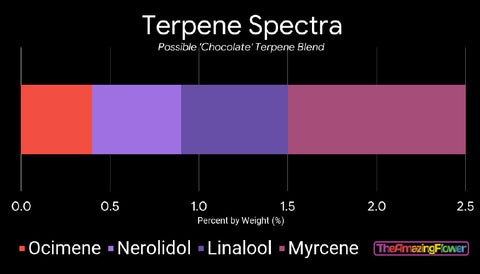 Horizontal stacked bar chart showing the 4 terpenes that contribute to chocolate: Linalool, Ocimene, Nerolidol, and Myrcene.