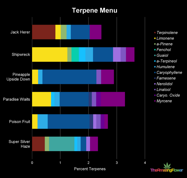 A "Terpene Menu" that lists the color-coded terpene content of 6 different cannabis flower cultivars in the form of aggregated horizontal bar charts.