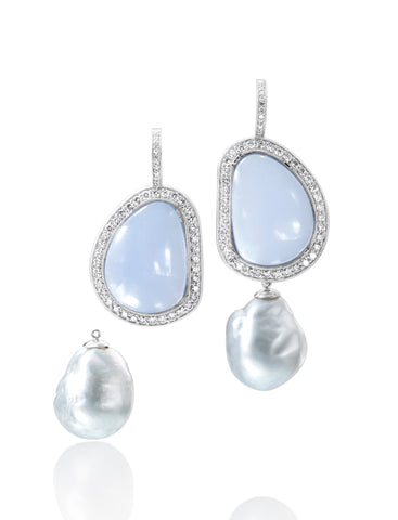 Detachable South Sea baroque pearl, natural Namibian chalcedony, and diamond earrings by Ashleigh Branstetter of Ashleigh Branstetter