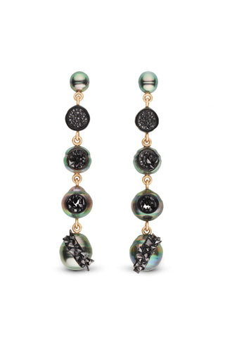 Earrings in 14k yellow gold with 6–11 mm Tahitian cultured pearls with 14 cts. t.w. black diamonds, by Hisano Shepherd of little h.