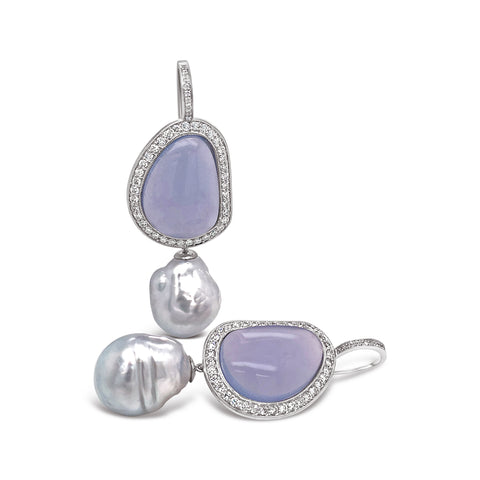 Detachable South Sea Baroque Pearl, Natural Namibian Chalcedony, and Diamond earrings by Ashleigh Branstetter of Ashleigh Branstetter Jewelry