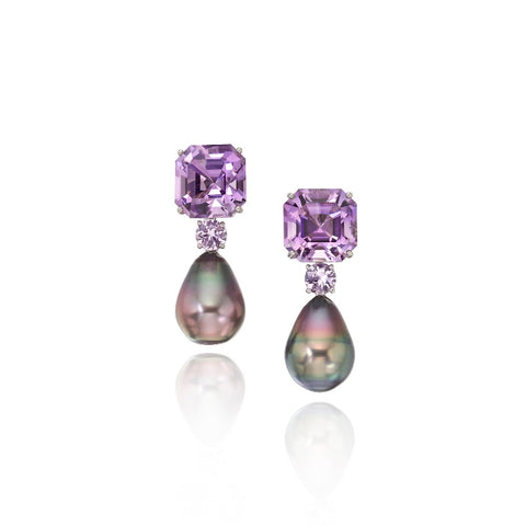 Earrings in 18k gold with Tahitian pearls and lavender-color gemstones, from Assael 