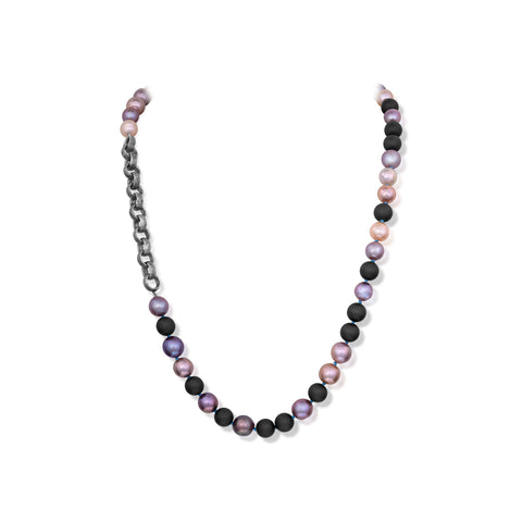 Purlieu necklace with custom alligator skin and tiger print rolo chain handcrafted in sterling silver, light to dark purple, pink, and peach freshwater cultured pearls and hematite beads by Annie Van Lenten of Ava Lenten Jewelry