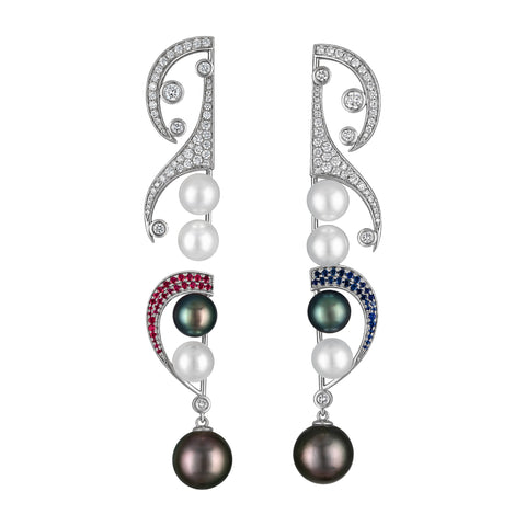 Melodic Embrace of Love earrings in 18k white gold with 8–8.5 mm akoya cultured pearls, 8.5 – 12.2 mm Tahitian cultured pearls, 2.2 cts. t.w. diamonds, rubies, and blue sapphires by Shana Ma of Chaulri