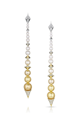 Echo earrings in 14k white gold and 14k, 18k, and 22k yellow gold with an ombré effect of white Akoya pearls graduating in size and color into golden South Sea pearls (22 total) with 2.40 cts. t.w. diamonds by Adam Neeley Designs