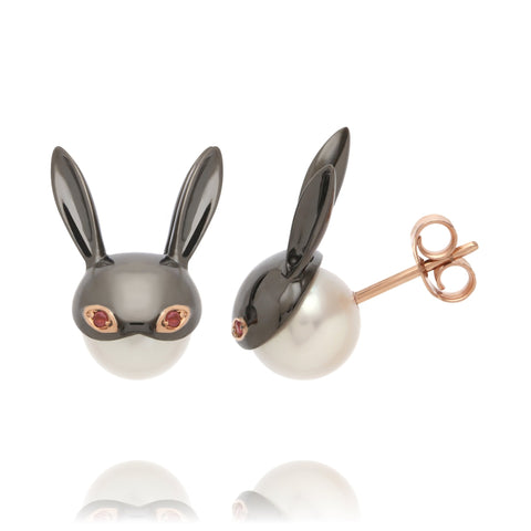 Lady Mischievous earrings in 18k rose gold with black rhodium, freshwater pearls, and pink tourmaline by Mika Murai, jewelry designer, Mika Jewellery. Japan