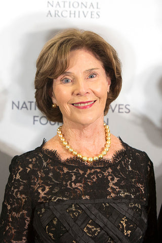 Laura Bush in golden South Sea pearls at the National Archives Foundation Records of Achievement Annual Award Gala on Oct. 10, 2018 Photo: Tasos Katopodis/Getty Images for National Archives Foundation