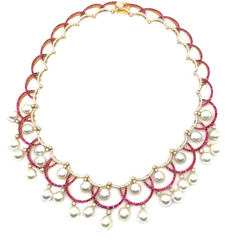 Lacey necklace in 18k yellow gold with white South Sea pearls, 13.26 cts. t.w. pink sapphires, and 6.21 cts. t.w. pink sapphires by Aloha Pearls