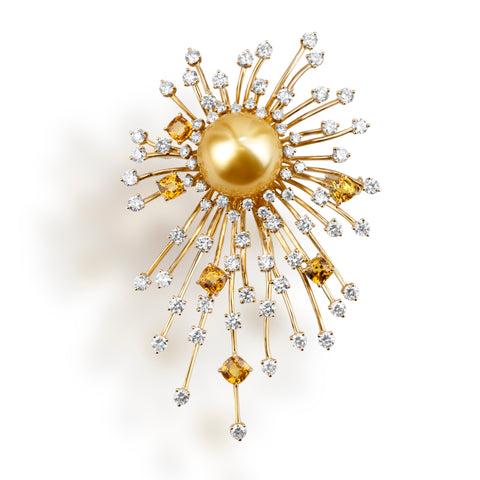 Stars Brooch/Pendant necklace in 18k yellow gold with cultured South Sea pearls, colored sapphires, and diamonds by Tammy Yang Lu of Shanghai Maikan Trading Co., LTD, in Shanghai, $3,000 retail