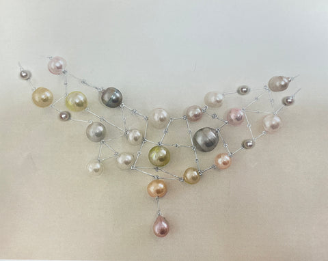 Nebula necklace in platinum with 6 mm cultured akoya pearls and a range of sizes and colors of cultured South Sea and Tahitian pearls by Nanz Aalund of Nanz Aalund Art Jewelry in Alberta, Canada
