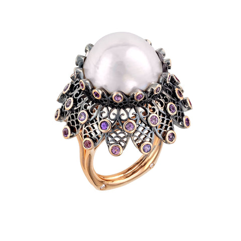 Black Lace White South Sea Pearl ring by Brenda Smith of Brenda Smith Jewelry