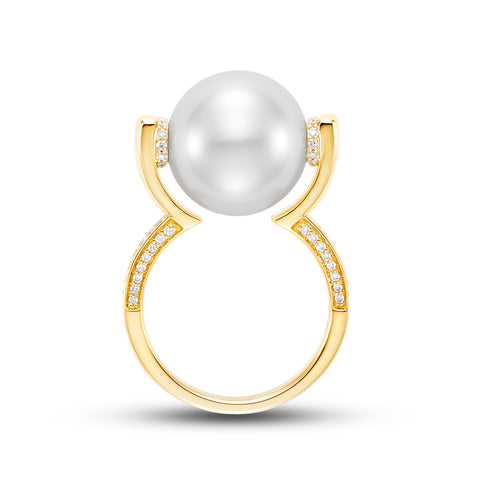 Floating Pearl Cocktail ring in 18k yellow gold with a 13.5 mm cultured white South Sea pearl and 0.26 ct. t.w. diamonds, $4,400, Mastoloni; email sarah@mastoloni.com with inquiries This ring took the Wedding Day award in the 2020 International Pearl Design Competition from the CPAA.