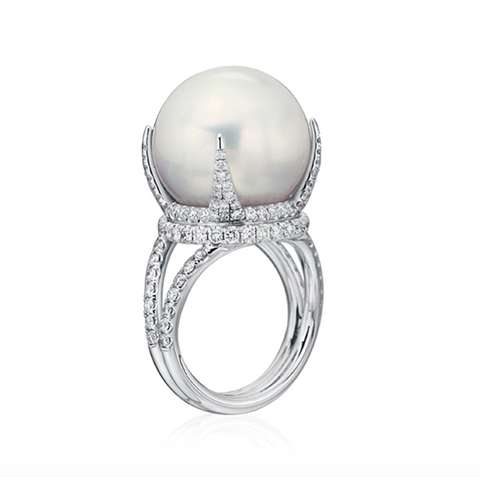 Ring in 18k white gold with a 16–17 mm white South Sea pearl and 1.33 cts. t.w. diamonds, $18,000; available online at Baggins Pearls