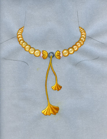 Gingko necklace in 18k yellow gold and platinum with golden South Sea pearls and white diamonds, featuring a gradation of yellow gold in the leaves by Ashley Tien of GIA, who was inspired by the tree during fall foliage season.