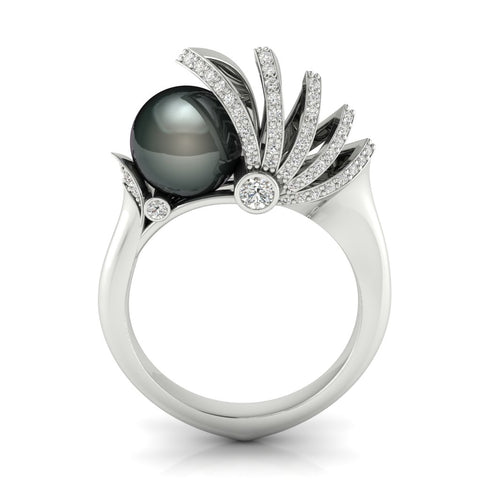 Sailing pearl ring in 18k white gold with diamonds and an 8 mm black pearl by W.A Chamal Jayaratna, founder EON Master Model, Sri Lanka