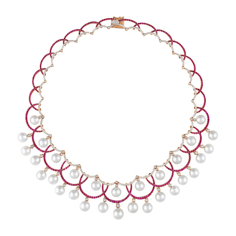 Lacey necklace in 18k yellow gold with white South Sea pearls, 13.26 cts. t.w. pink sapphires, and 6.21 cts. t.w. pink sapphires by Aloha Pearls